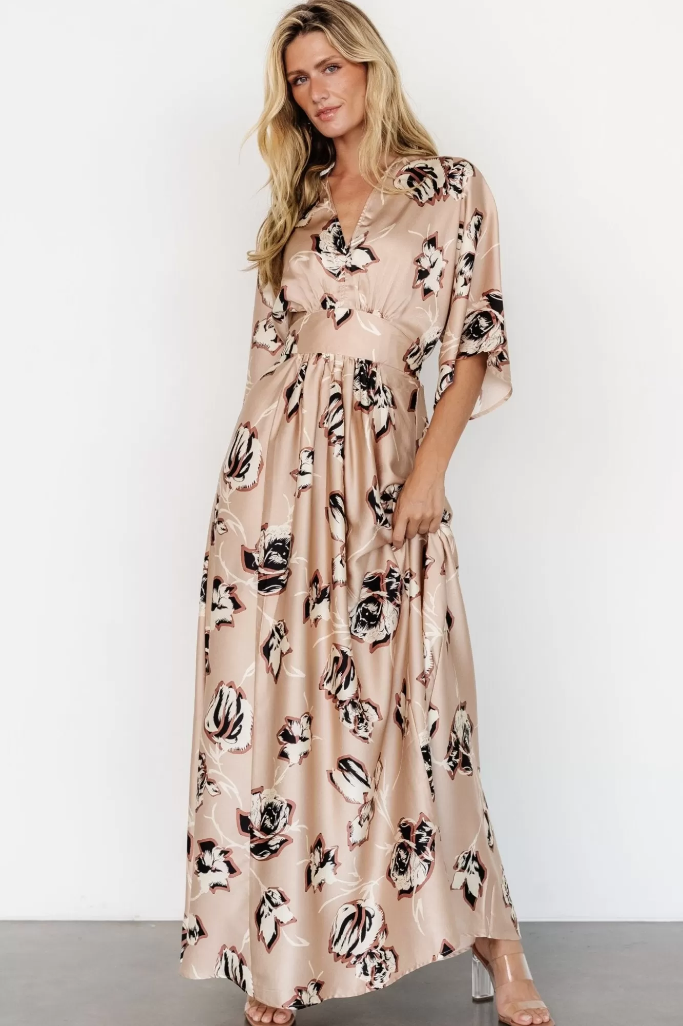 Baltic Born Maxi Dresses | Maxi Dresses | Romilly Satin Maxi Dress | Champagne Print