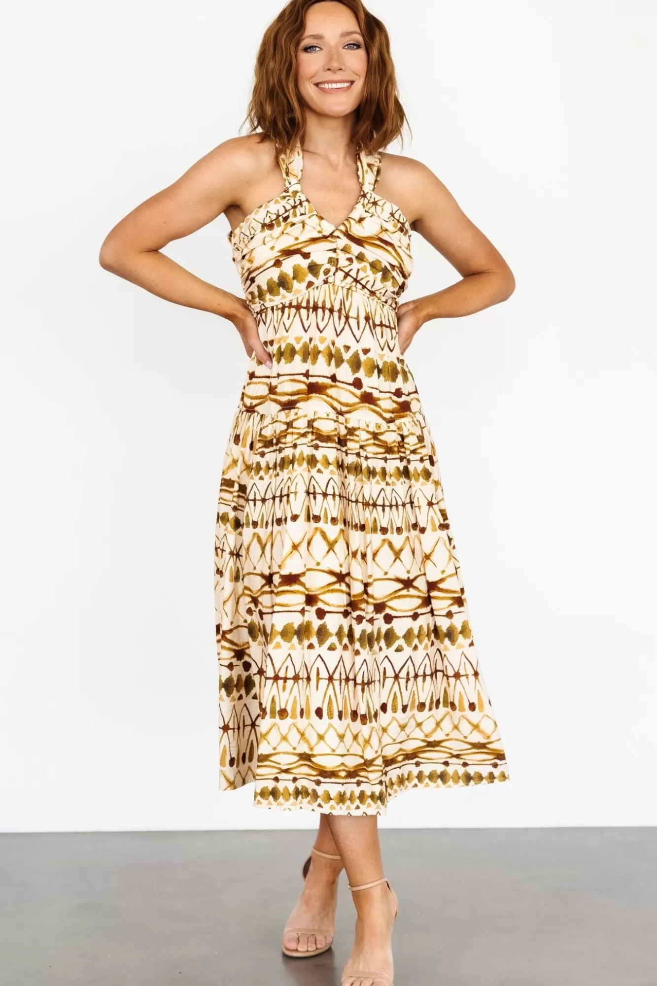 Baltic Born Midi Dresses | Midi Dresses | Seraphina Open Back Midi Dress | Tan Multi