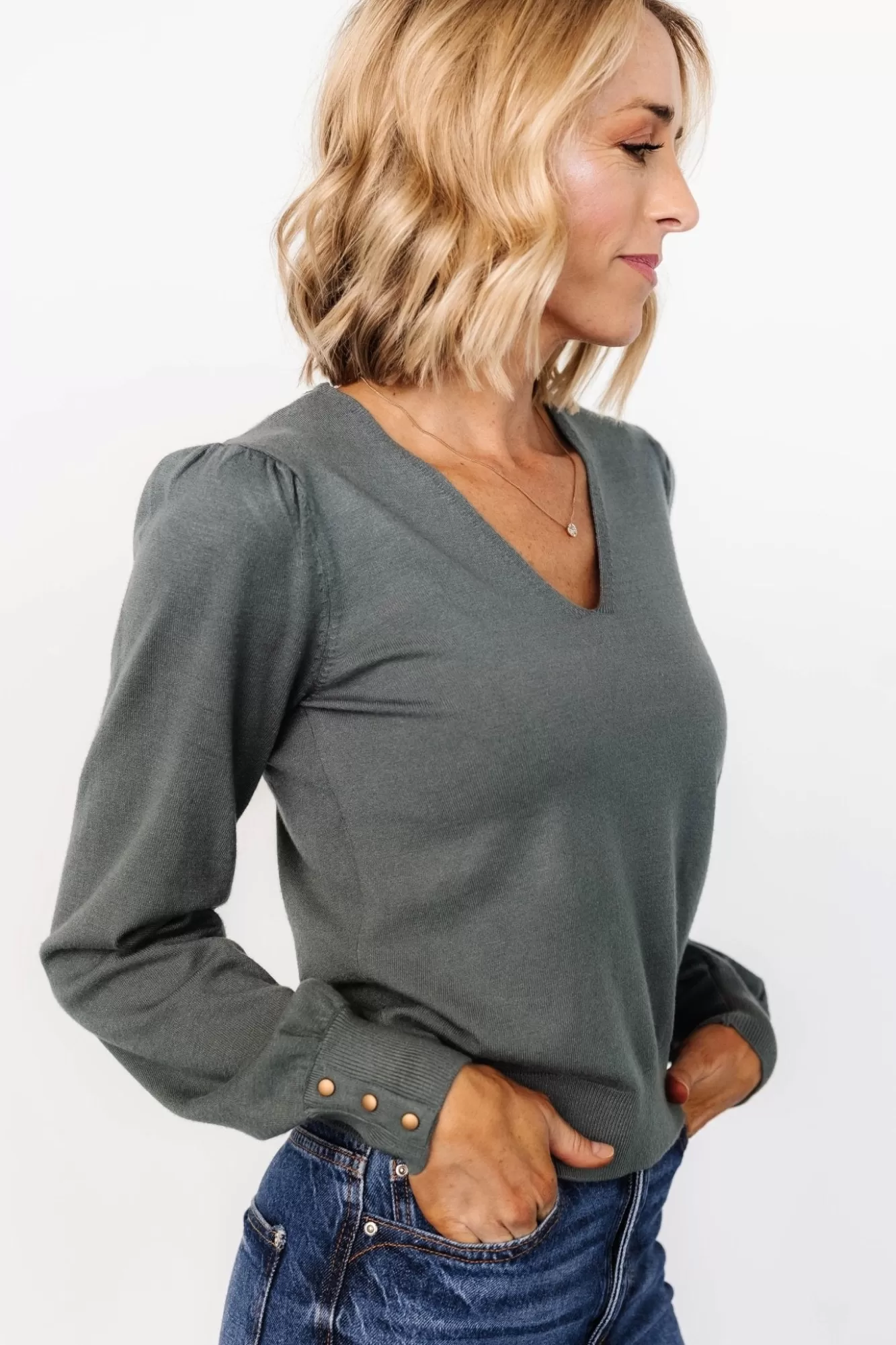 Baltic Born Sweaters | Sheila V Neck Sweater Top | Winter Green