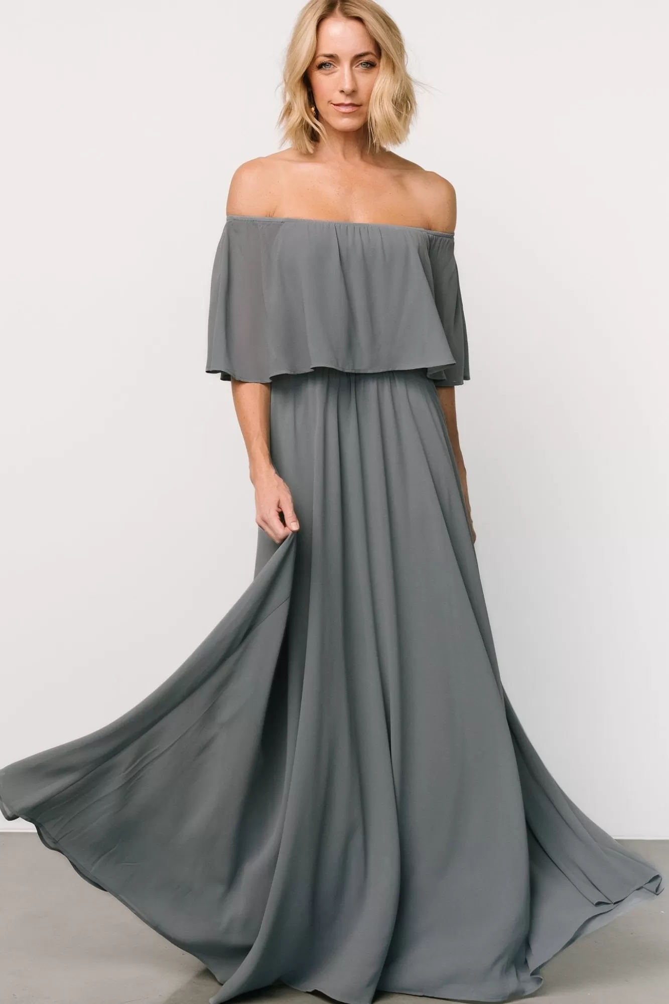 Baltic Born Maxi Dresses | Maxi Dresses | Sonia Off Shoulder Maxi Dress | Dusty Blue