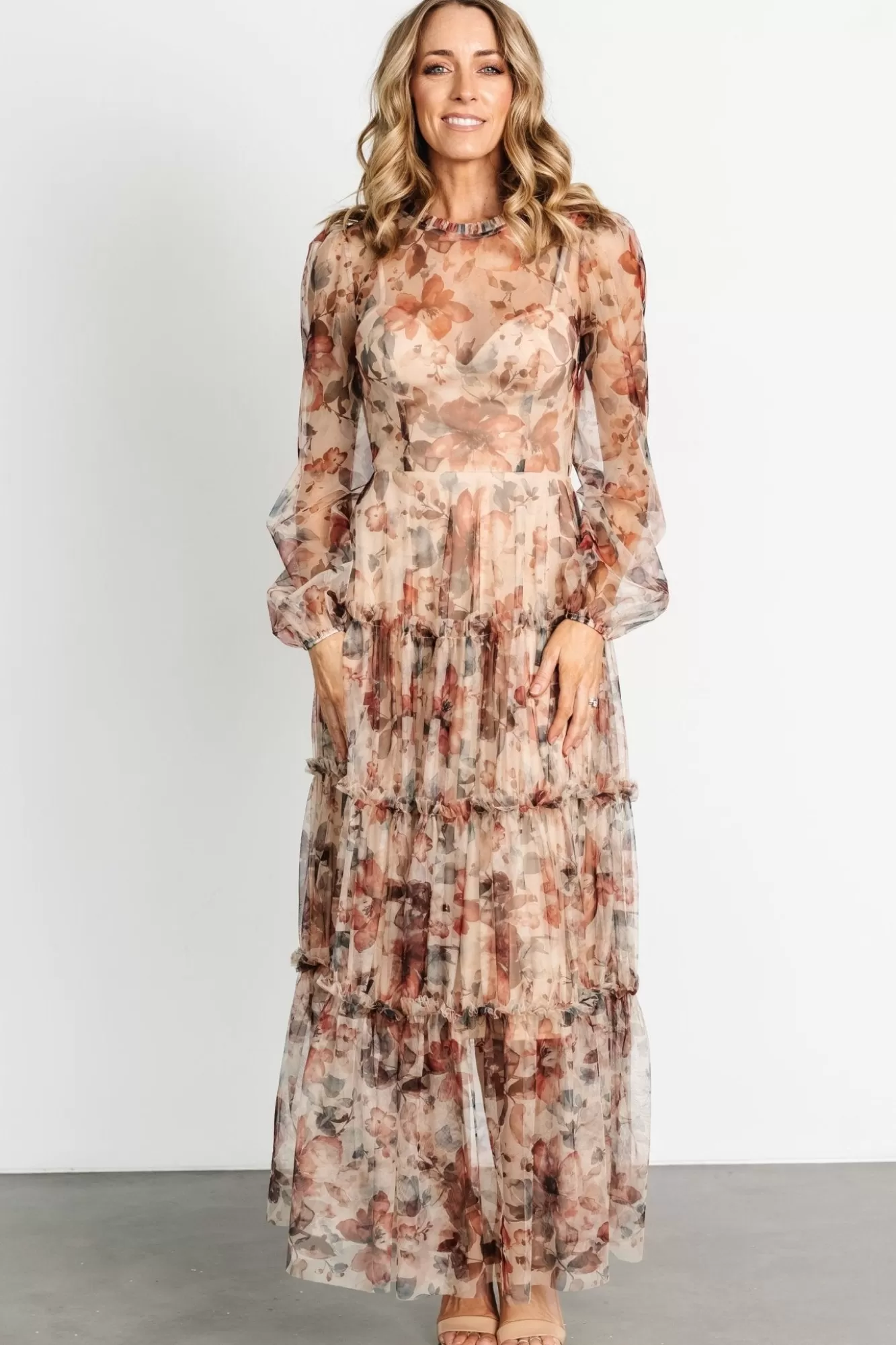 Baltic Born Maxi Dresses | Maxi Dresses | Stephanie Tiered Maxi Dress | Taupe Floral