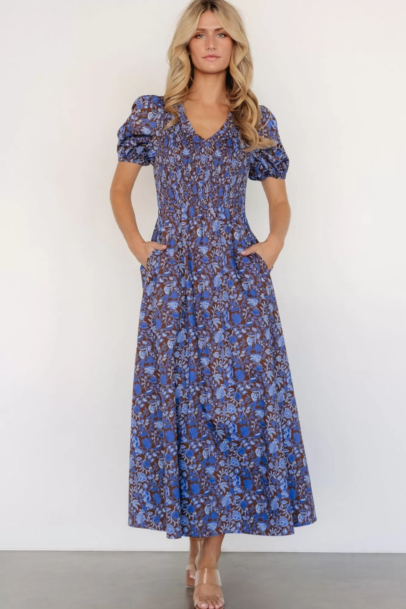 Baltic Born Maxi Dresses | Maxi Dresses | Stockton Smocked Dress | Brown + Blue Floral