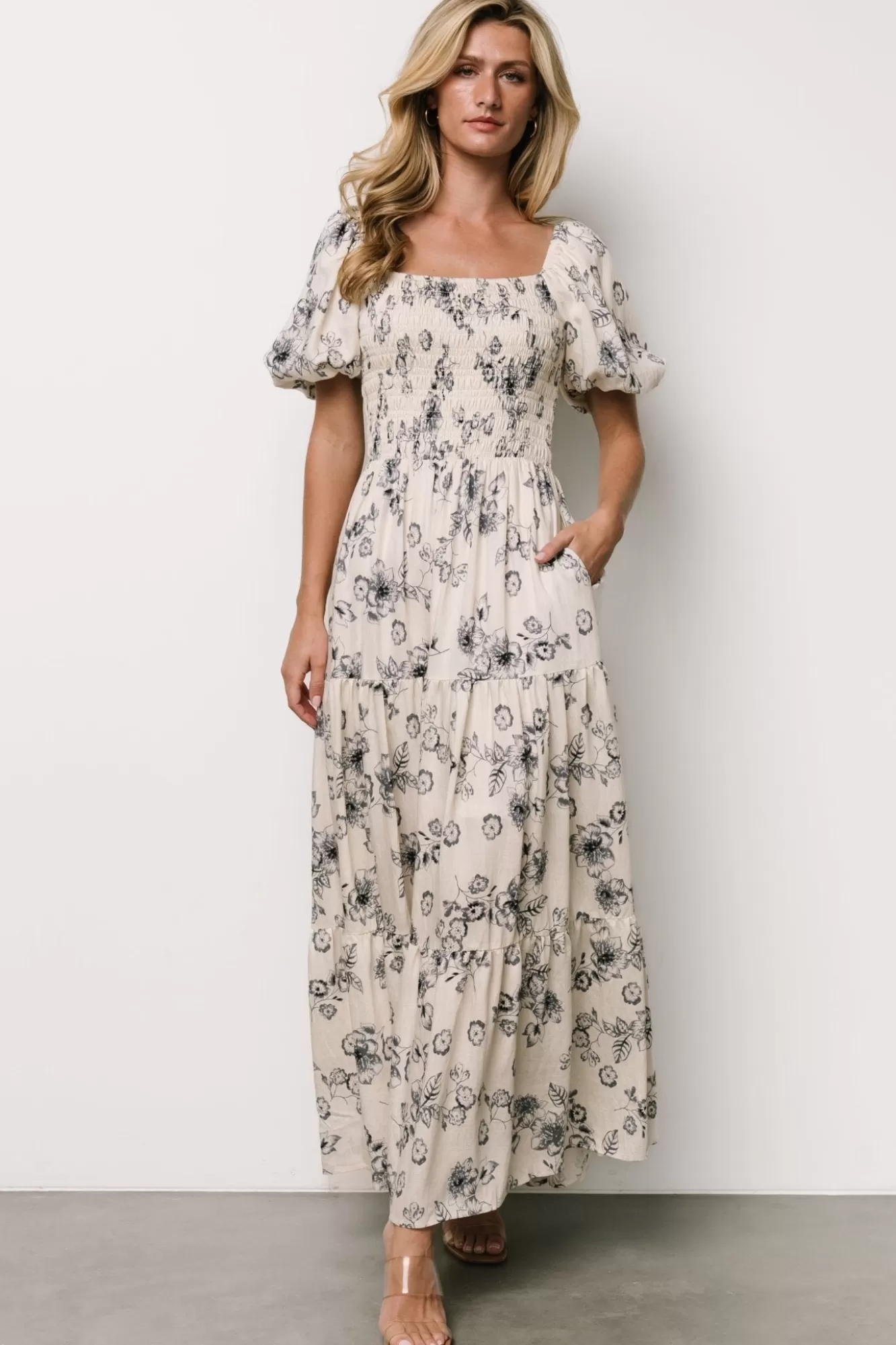 Baltic Born Maxi Dresses | Maxi Dresses | Susanna Smocked Maxi Dress | Ivory + Blue Floral