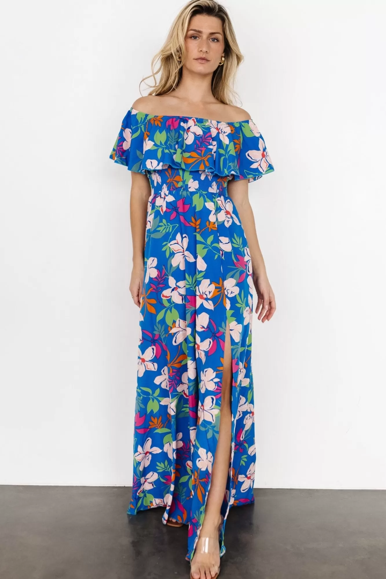 Baltic Born Maxi Dresses | Maxi Dresses | Talia Off Shoulder Maxi Dress | Blue Floral