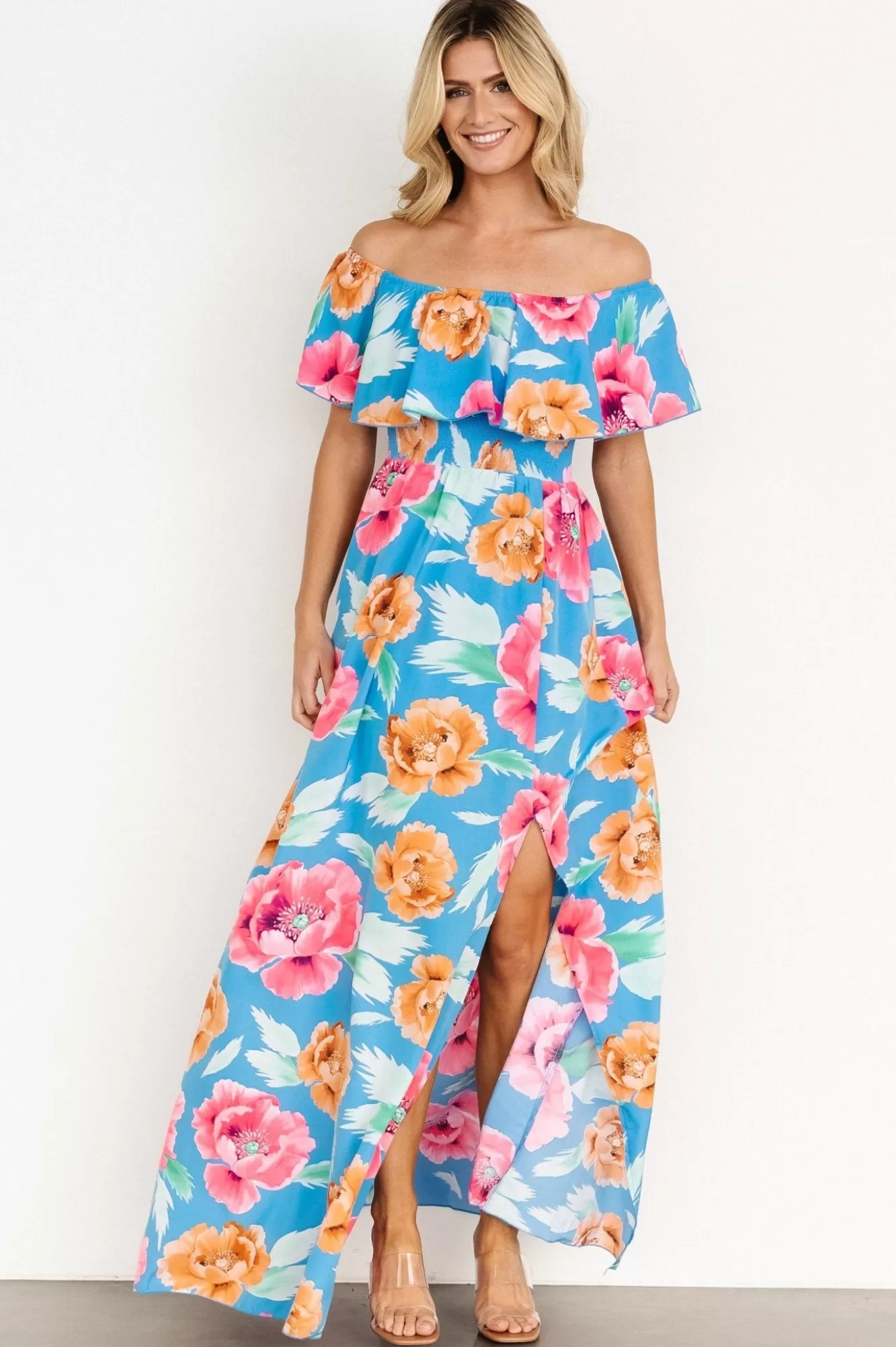 Baltic Born Maxi Dresses | Maxi Dresses | Talia Off Shoulder Maxi Dress | Sea Blue Floral