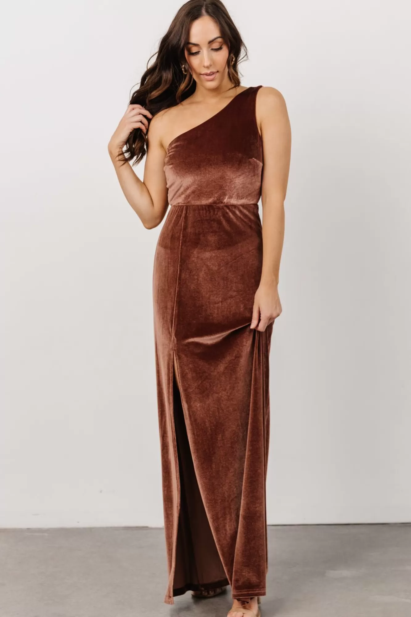 Baltic Born Maxi Dresses | Maxi Dresses | Tatiana Velvet One Shoulder Maxi Dress | Desert Rose