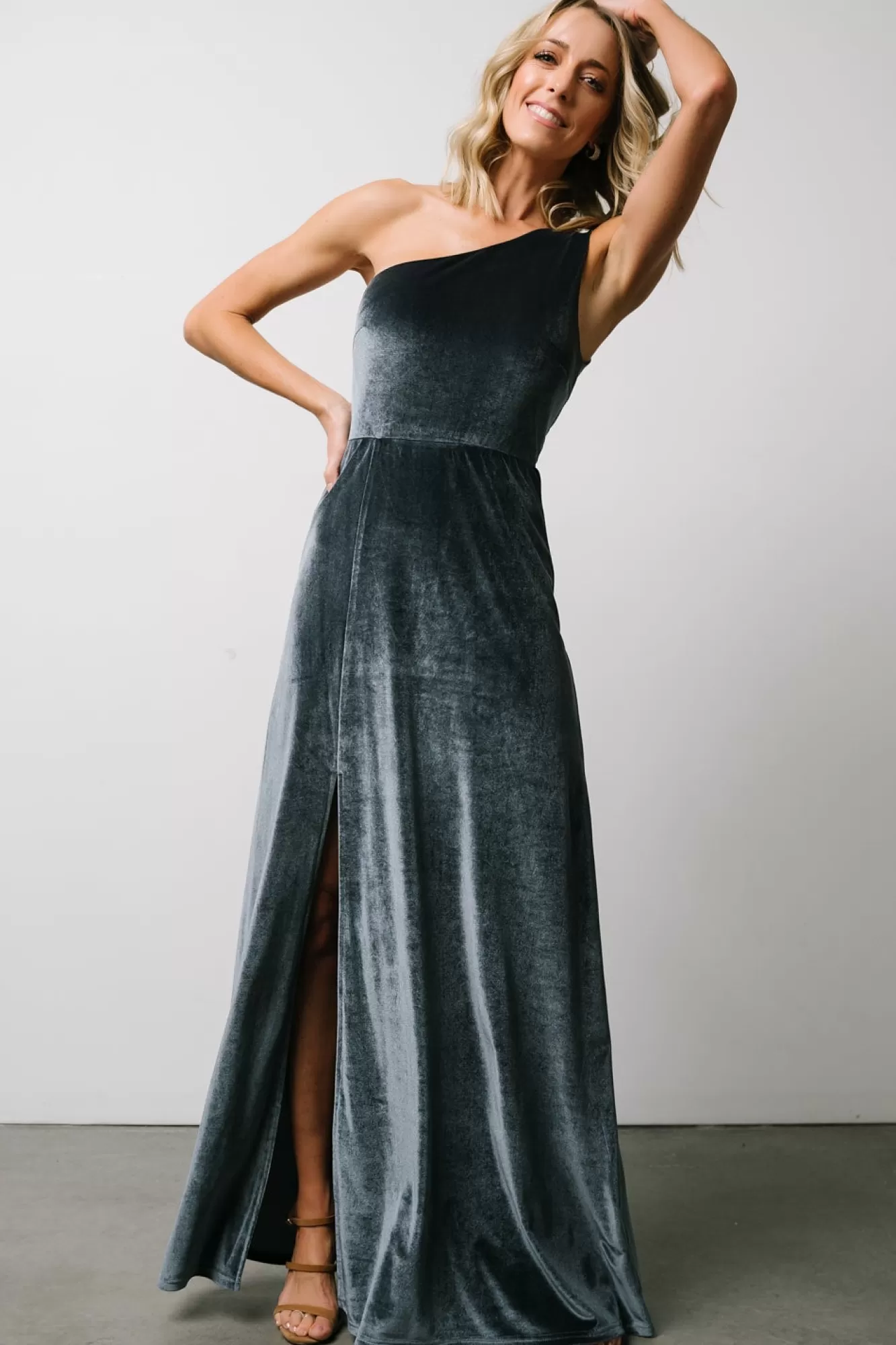 Baltic Born Maxi Dresses | Maxi Dresses | Tatiana Velvet One Shoulder Maxi Dress | Slate Blue