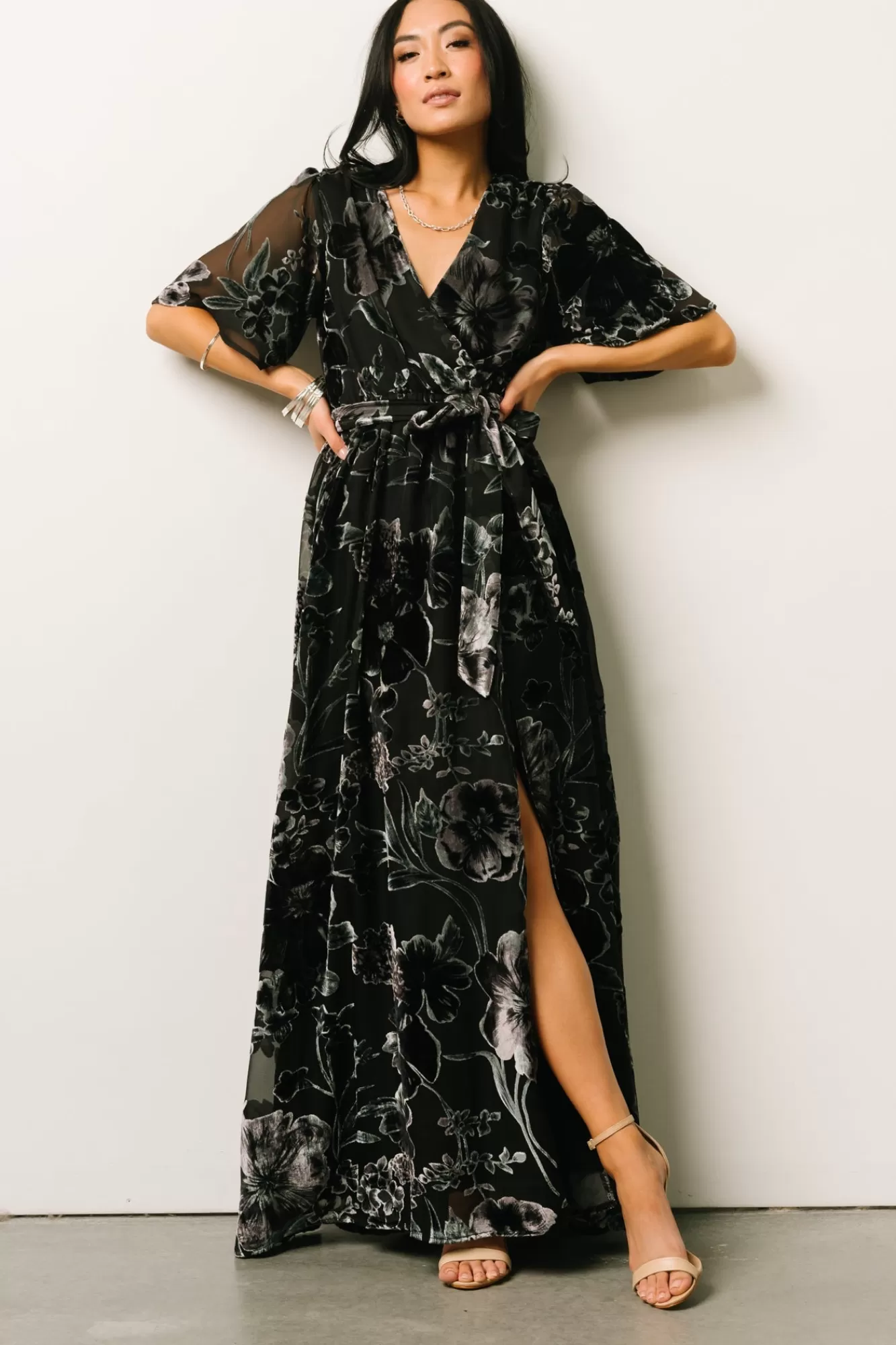 Baltic Born Maxi Dresses | Maxi Dresses | Uma Velvet Maxi Dress | Black + Silver Floral