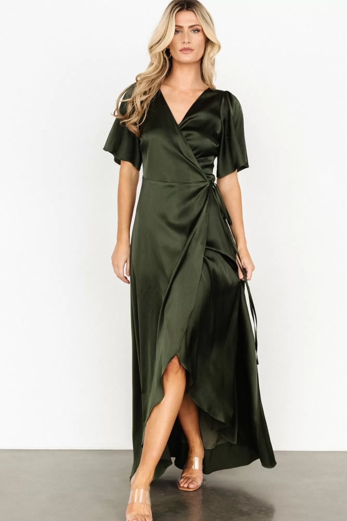 Baltic Born Maxi Dresses | Maxi Dresses | Vara Satin Maxi Wrap Dress | Dark Olive