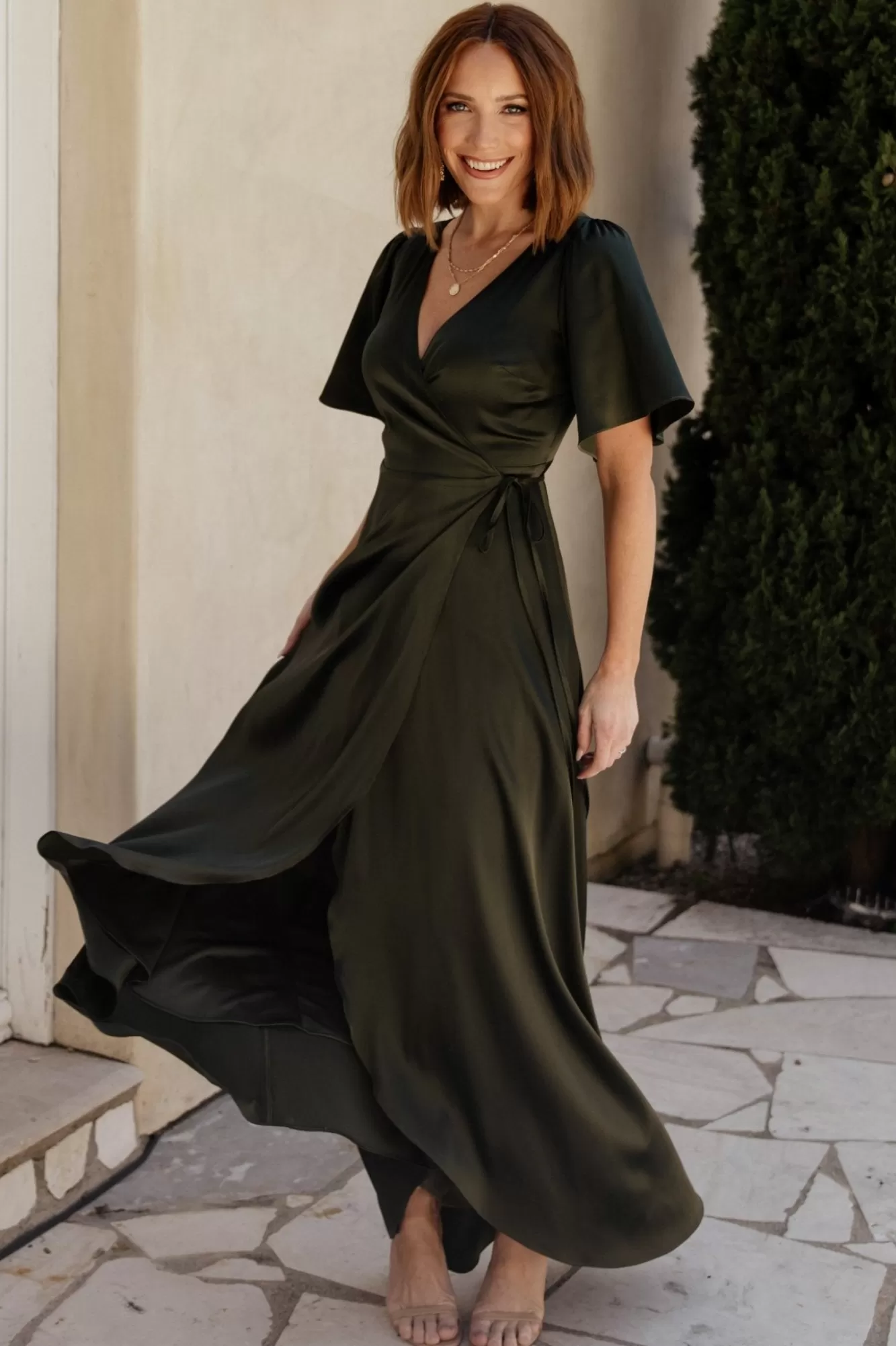 Baltic Born Maxi Dresses | Maxi Dresses | Vara Satin Maxi Wrap Dress | Dark Olive