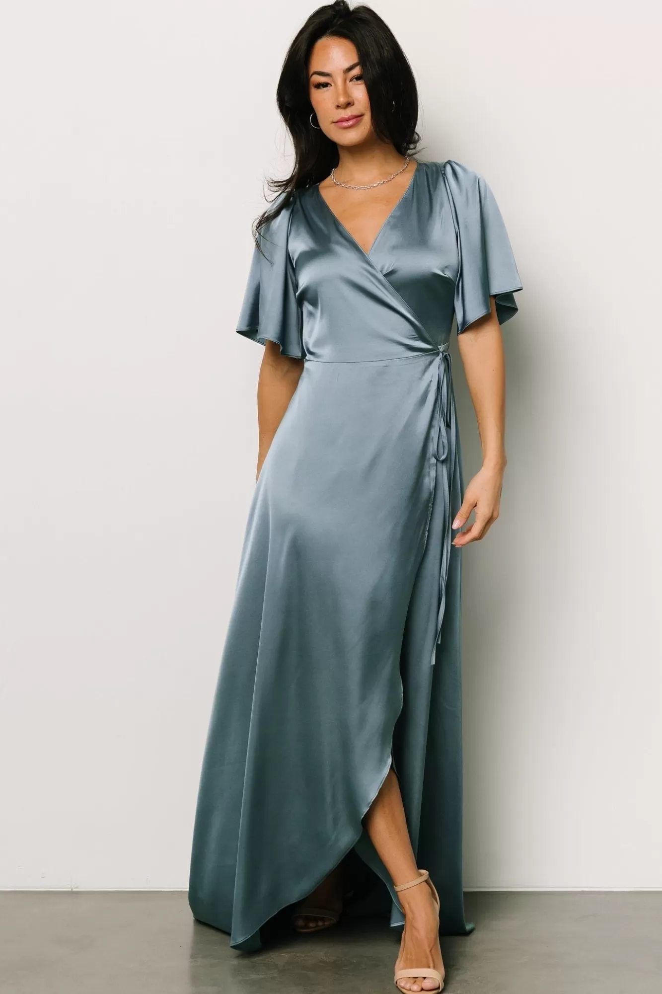 Baltic Born Maxi Dresses | Maxi Dresses | Vara Satin Maxi Wrap Dress | Dusty Blue