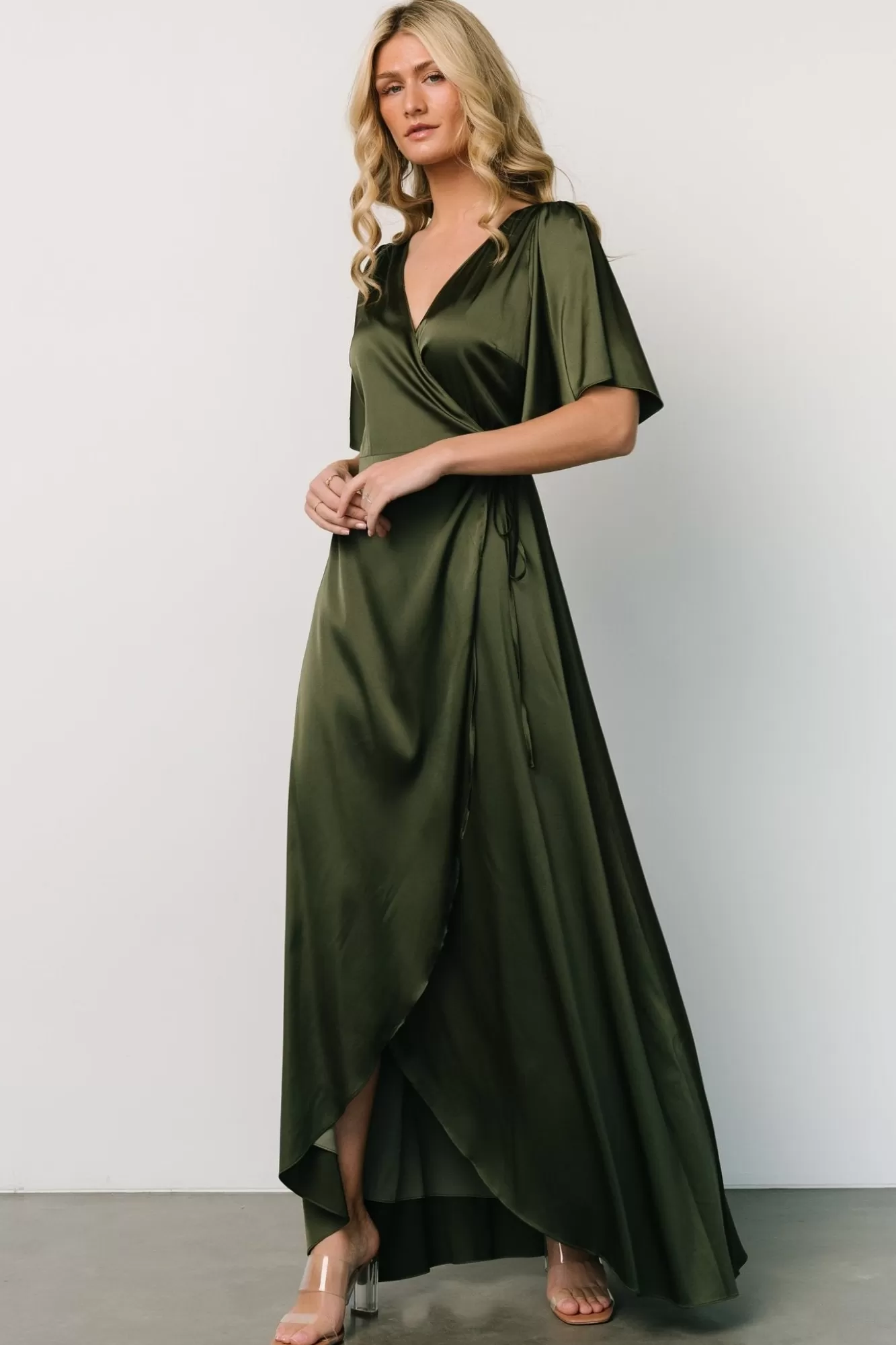 Baltic Born Maxi Dresses | Maxi Dresses | Vara Satin Maxi Wrap Dress | Juniper Green