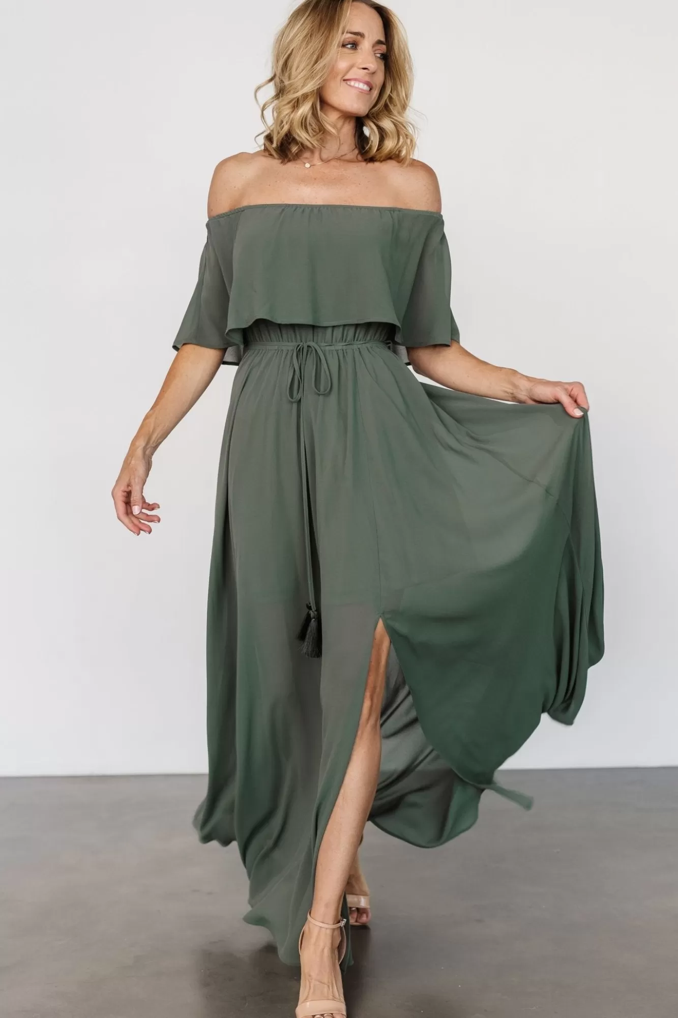 Baltic Born Maxi Dresses | Maxi Dresses | Victoria Off Shoulder Maxi Dress | Dark Sage