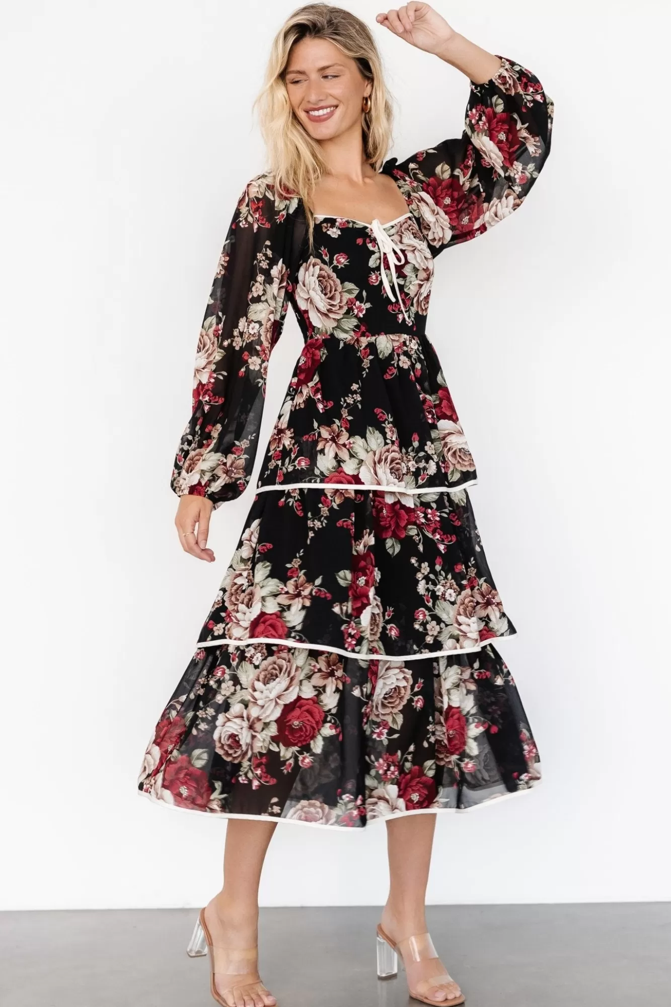 Baltic Born Midi Dresses | Midi Dresses | Viviana Tiered Dress | Black Floral