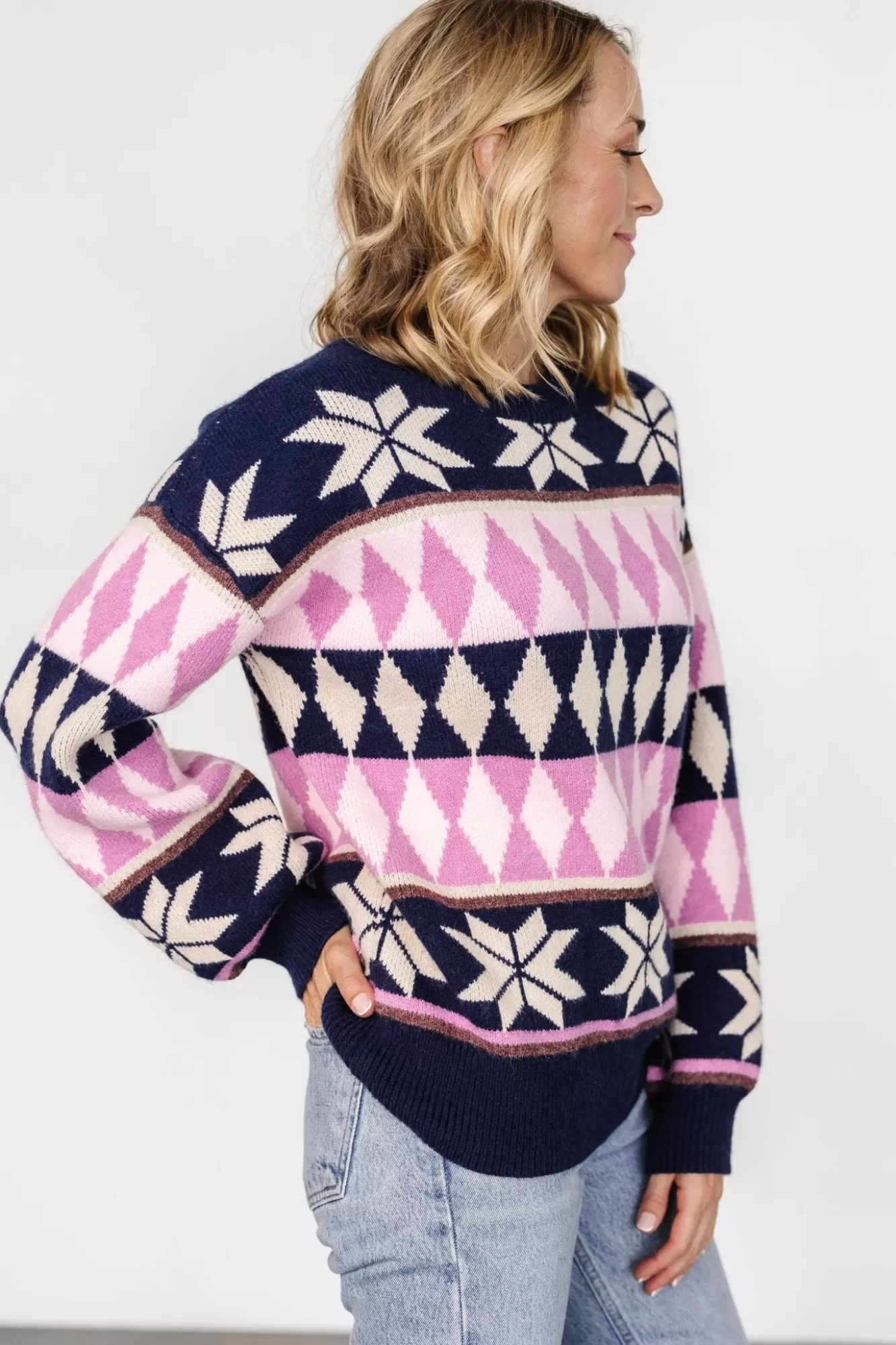 Baltic Born Sweaters | Zermatt Sweater | Navy + Pink Print