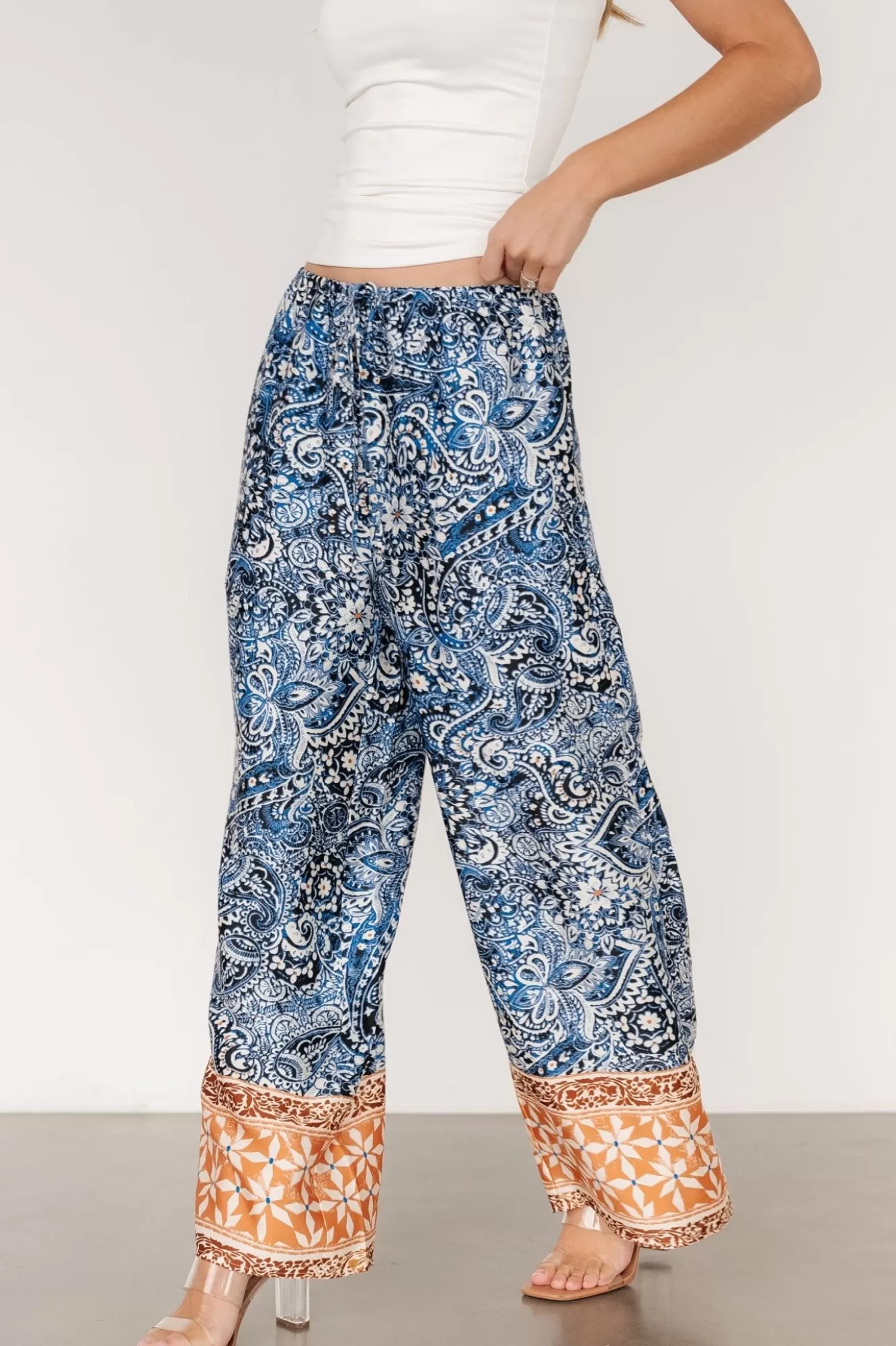 Baltic Born Pants | Zora Boho Satin Pants | Blue Multi Print